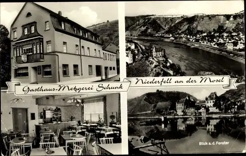 Ak Niederfell an der Mosel, Gasthaus-Metzgerei Schunk, Innenansicht, Panorama vom Ort