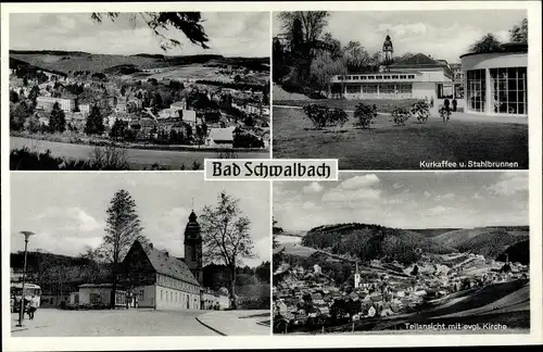 Ak Bad Schwalbach, Kurkaffee und Stahlbrunnen, Teilansicht, Evangel. Kirche