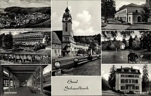 Ak Bad Schwalbach, Kurhaus, Haus Eugenie, Kolonnaden, Teilansicht, Ev. Kirche