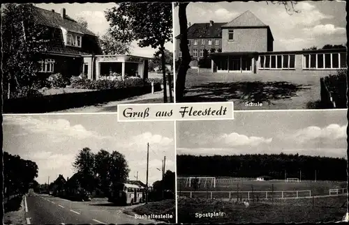 Ak Fleestedt Seevetal in Niedersachsen, Schule, Sportplatz, Bushaltestelle