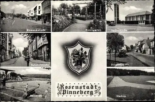Ak Pinneberg in Holstein, Lutherkirche, Freibad, Stadion, Straßenansichten, Wappen