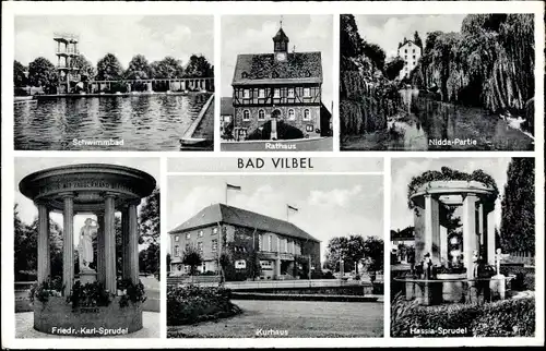 Ak Bad Vilbel in Hessen, Schwimmbad, Rathaus, Nidda, Hassia Sprudel, Friedr. Karl Sprudel