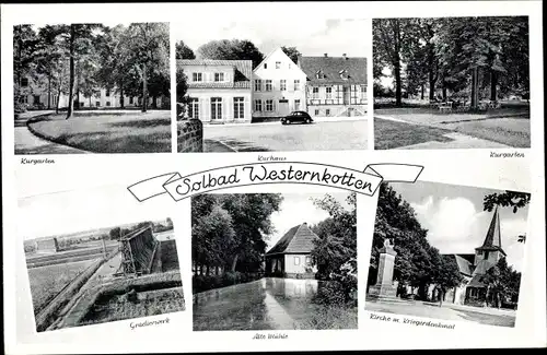 Ak Westernkotten Erwitte in Westfalen, Kurhaus, Gradierwerk, Kurgarten, Kirche, Kriegerdenkmal