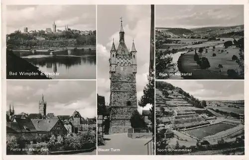 Ak Bad Wimpfen am Neckar, Teilansicht, Blauer Turm, Schwimmbad, Wallgraben, Neckartal