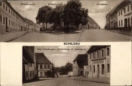 Ak Schildau in Sachsen, Marktstraße, Wilhelmstraße, Wilhelmplatz, Ecke Ellenburgerstraße