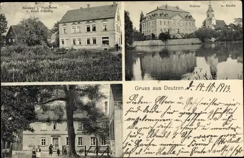 Ak Deutzen Neukieritzsch in Sachsen, Schloss, Kirche, Bäckerei, Schule