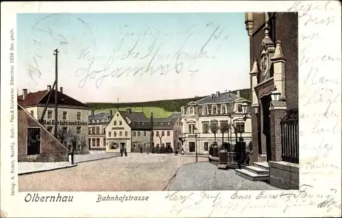 Golden Windows Leuchtfenster Ak Olbernhau im Erzgebirge, Bahnhofstraße, Hotel Gerichtsschänke