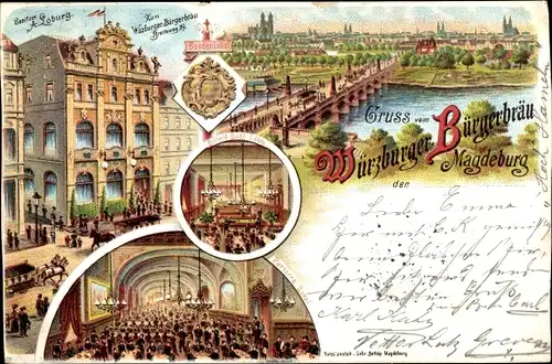 Litho Magdeburg in Sachsen Anhalt, Würzburger Bürgerbräu, Breiteweg 29, Bes. A. Loburg, Brücke