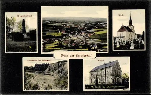 Ak Herwigsdorf Rosenbach in der Oberlausitz, Kirche, Schule, Steinbruch, Kriegerdenkmal, Panorama