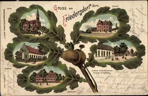 Eichenblatt Litho Friedersdorf Heidesee in der Mark, Gasthof Deutsches Haus, Bahnhof, Kirche