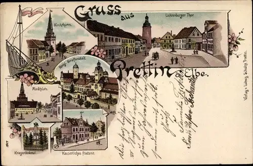 Litho Prettin Annaburg im Kreis Wittenberg, Lichtenburger Tor, Kirche, Strafanstalt, Markt, Post