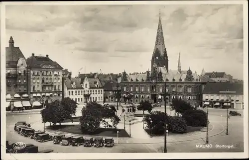 Ak Malmö Schweden, Stortorget, Autos, Platz, Reiterstandbild