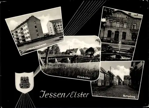 Ak Jessen an der Elster, Elsterbrücke, Rottenberg, Bahnhof Front, Jessen Nord Neubauten