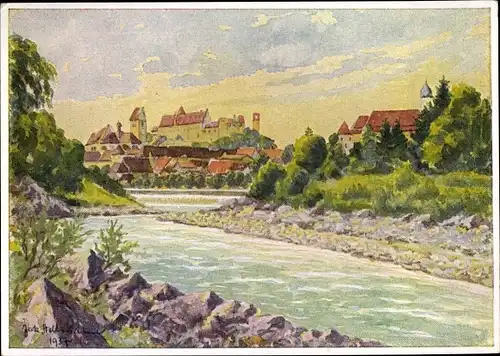 Künstler Ak Hellmann, Jak., Füssen im Ostallgäu, Stadtansicht, Landwehr