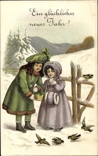 Ak Glückwunsch Neujahr, Zwei Mädchen füttern Vögel im Winter