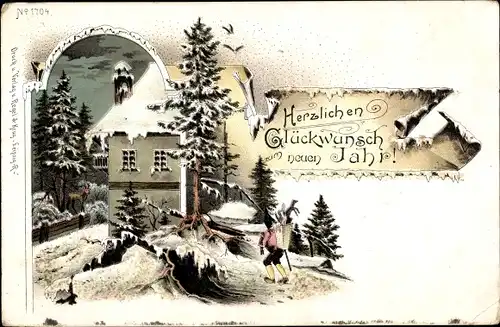 Litho Glückwunsch Neujahr, Mann mit Rückentrage, Winterlandschaft