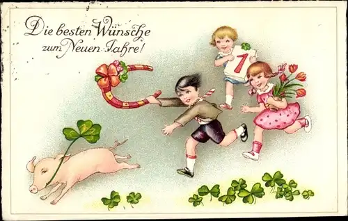 Ak Glückwunsch Neujahr, Kinder jagen ein Schwein, Kleeblätter, Hufeisen, Kalender