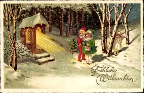 Ak Glückwunsch Weihnachten, Kinder vor einer Kapelle, Engel