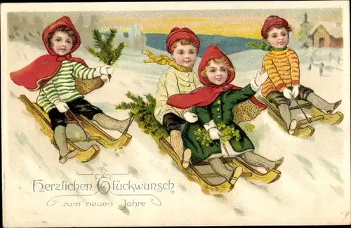 Ak Glückwunsch Neujahr, Kinder auf Schlitten bei der Abfahrt, Kleeblätter