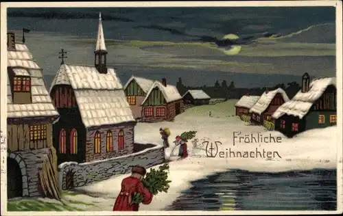 Ak Glückwunsch Weihnachten, Ortschaft im Winter, Personen mit Tannenbäumen