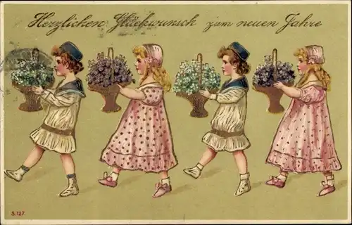 Präge Litho Glückwunsch Neujahr, Jungen und Mädchen mit Blumenkörben