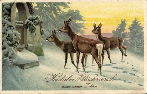 Präge Ak Glückwunsch Neujahr, Rehe, Winterlandschaft