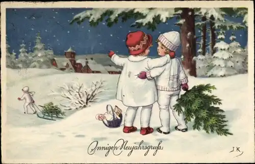 Künstler Ak Glückwunsch Neujahr, Kinder mit Tannenbaum, Schlitten, Winterlandschaft