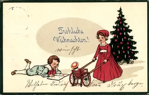 Ak Glückwunsch Weihnachten, Lesender Junge, Mädchen mit Puppenwagen, Tannenbaum