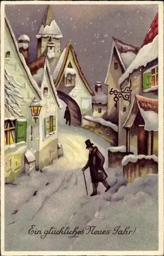 Ak Glückwunsch Neujahr, Ortschaft im Winter, Mann im Mantel