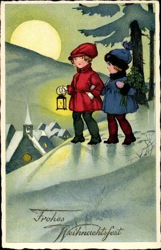 Ak Glückwunsch Weihnachten, Kinder mit Kleeblättern, Winterlandschaft