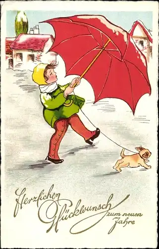 Ak Glückwunsch Neujahr, Kind mit Hund und Regenschirm
