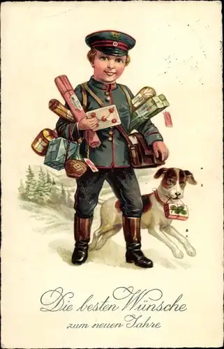 Ak Glückwunsch Neujahr, Postbote mit Geschenken und Hund