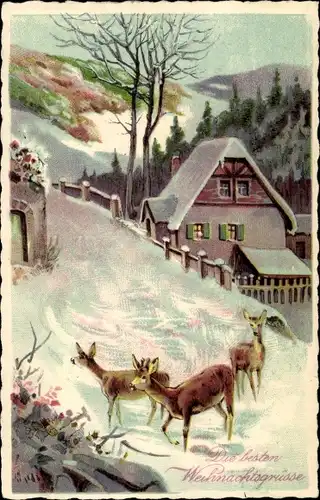 Ak Glückwunsch Weihnachten, Winterlandschaft mit Haus und Rehen