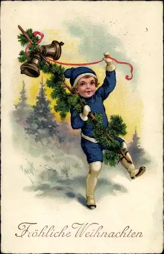 Ak Glückwunsch Weihnachten, Junge mit Tannenzweigen und Glocken
