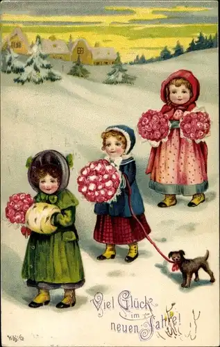 Ak Glückwunsch Neujahr, Drei Mädchen mit Rosen und Hund