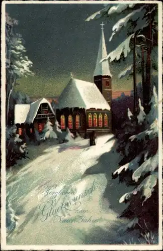 Ak Glückwunsch Neujahr, Schneebedeckte Kirche