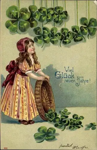 Präge Litho Glückwunsch Neujahr, Mädchen, Kleeblätter