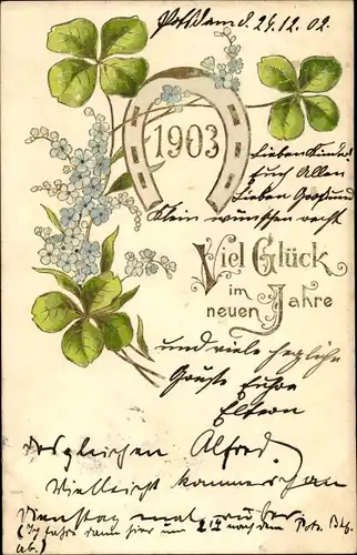 Präge Litho Glückwunsch Neujahr, Kleeblätter, Hufeisen, Jahreszahl 1903