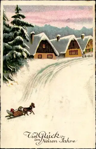 Ak Glückwunsch Neujahr, Ortschaft im Winter, Schlittengespann