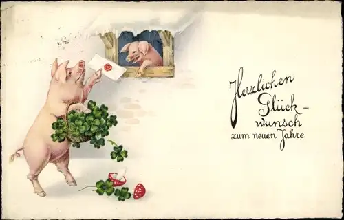 Ak Glückwunsch Neujahr, Schweine, Kleeblätter, Fliegenpilze