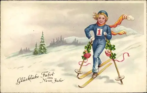 Ak Glückwunsch Neujahr, Skifahrerin, Kleeblätter, Fliegenpilz, Kalender