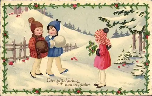 Ak Glückwunsch Neujahr, Kinder, Stechpalmenzweige, Winterlandschaft