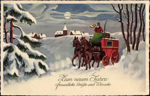 Ak Glückwunsch Neujahr, Postkutsche, Winterlandschaft, Mondschein