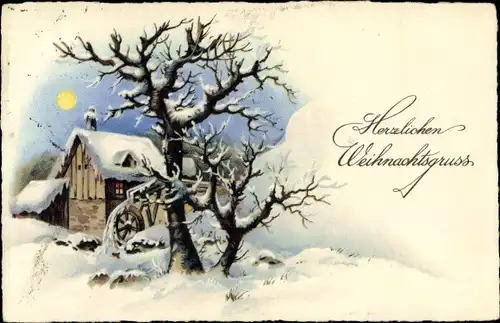 Ak Glückwunsch Neujahr, Wassermühle im Mondschein, Winterlandschaft