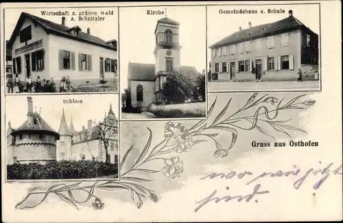 Ak Osthofen in Rheinhessen, Kirche, Gemeindehaus, Schule, Wirtschaft zum grünen Wald, Schloss