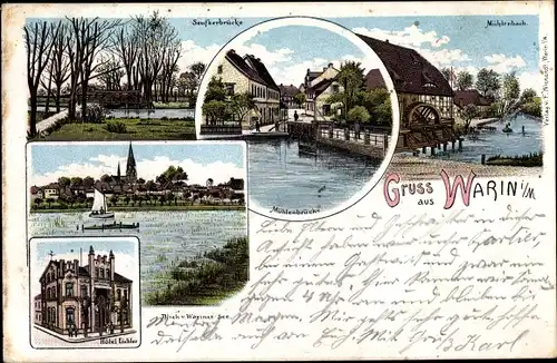 Litho Warin in Mecklenburg, Seufzerbrücke, Mühlenbach, Hotel Eichler