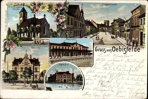 Litho Oebisfelde in Sachsen Anhalt, Langestraße, St. Katharinen Kirche, Jägerhof, Bahnhof,Gleisseite