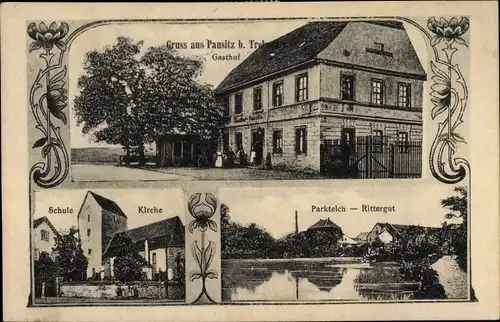 Ak Pausitz Bennewitz in Sachsen, Gasthof, Parkteich, Rittergut, Schule, Kirche