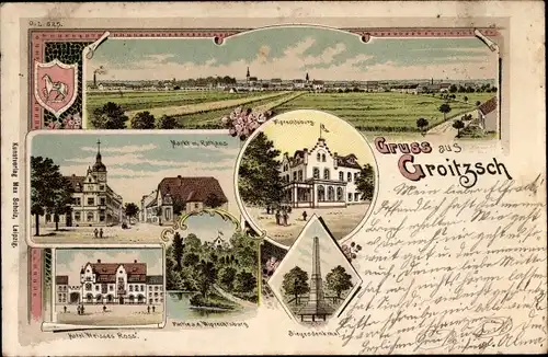 Litho Groitzsch in Sachsen, Markt, Rathaus, Siegesdenkmal, Hotel Weißes Ross