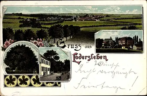 Litho Lodersleben Querfurt im Saalekreis, Schloss, Kirche, Postamt, Blick auf den Ort